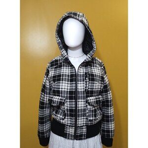 Grane Wool Blend Plaid Hooded Bomber Jacket L Preppy Grunge